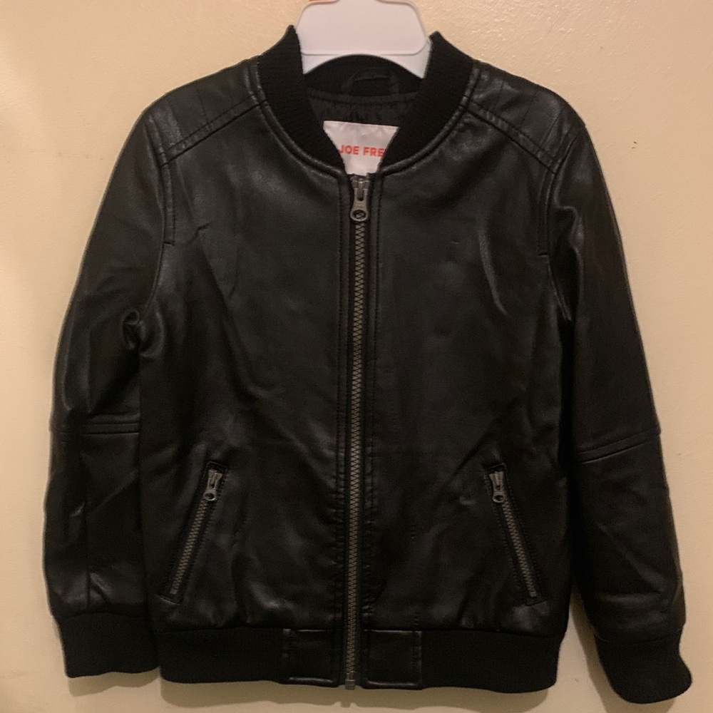 Joe Fresh Kids Black Faux Leather Bomber Jacket, size 5.